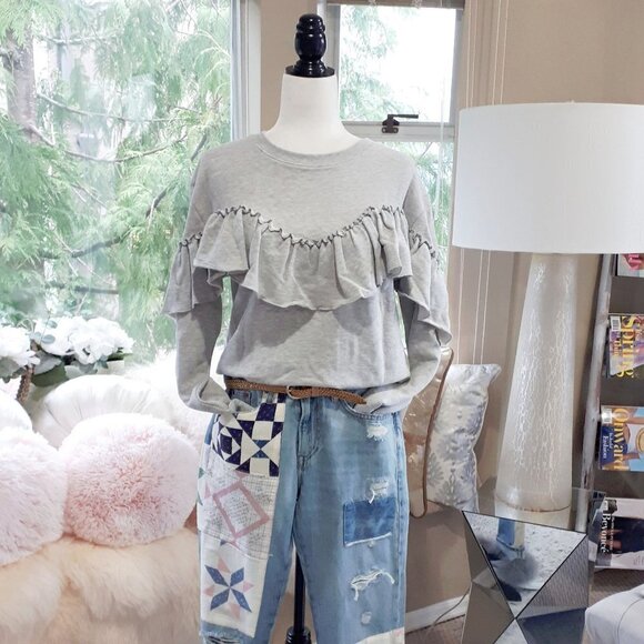 NWT Only Our Story heather grey cotton blend ruffle sweatshirt, L - Picture 2 of 4